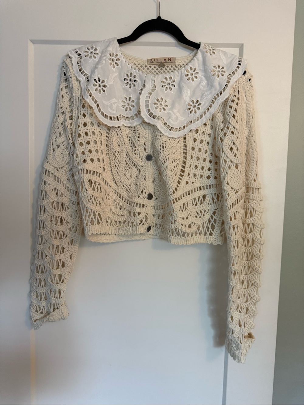 Anthropologie Cream Crochet Openwork Button Cardigan with Eyelet Collar